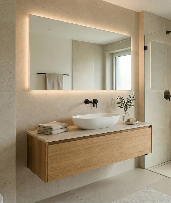 Vista de un baño moderno que muestra un lavamanos blanco empotrado y un espejo rectangular con iluminación integrada.
